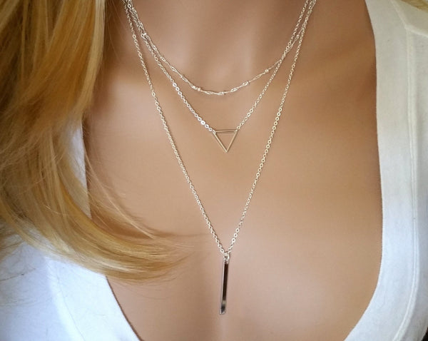 Triangle Layered Necklace Set of 3 • Silver - U'i Jewelry