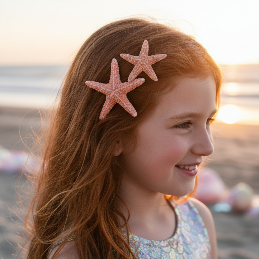 Young girl with starfish hair clips on a beach at sunset