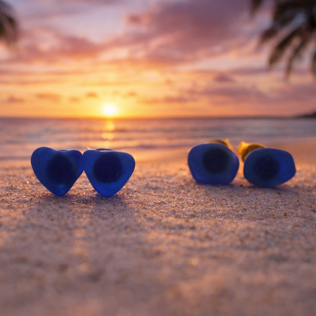 genuine sea glass stud earrings cobalt blue handmade coastal jewelry on a beach at sunset with palm trees in the background
