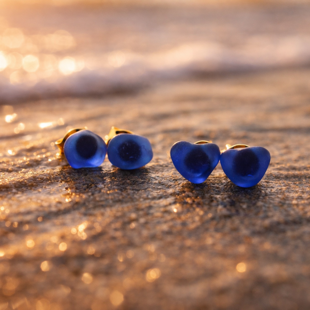 small cobalt sea glass stud earrings natural beach glass minimalist style Blue earrings on a sandy beach with a blurred background