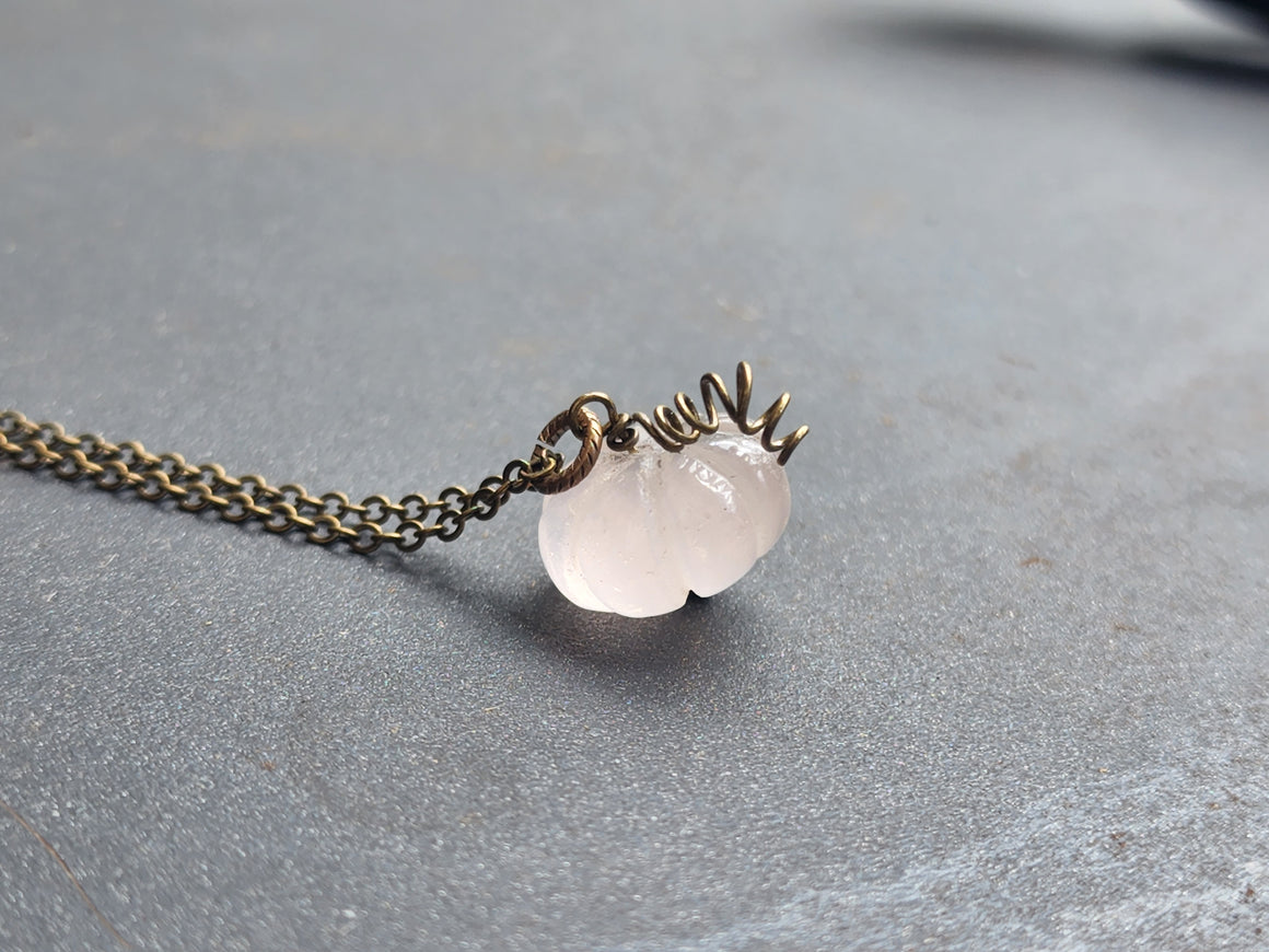 Pink Rose Quartz Gemstone Pumpkin Necklace