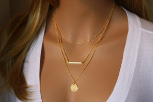 Personalized Layering Disc / Bar Necklace Set of 3 in Gold - Rose Gold - Silver
