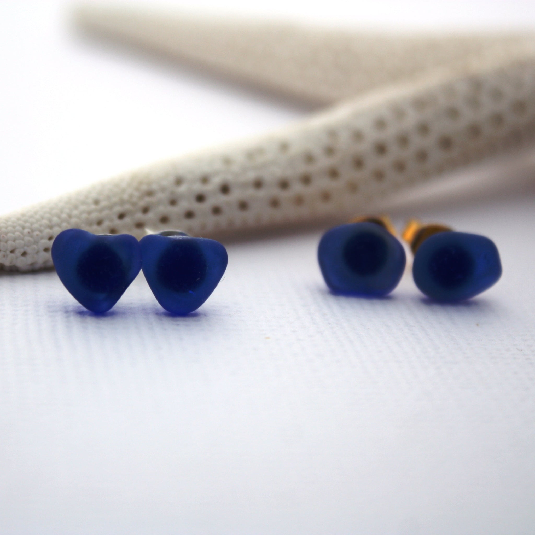 authentic beach glass stud earrings cobalt blue hawaiian handmade jewelry