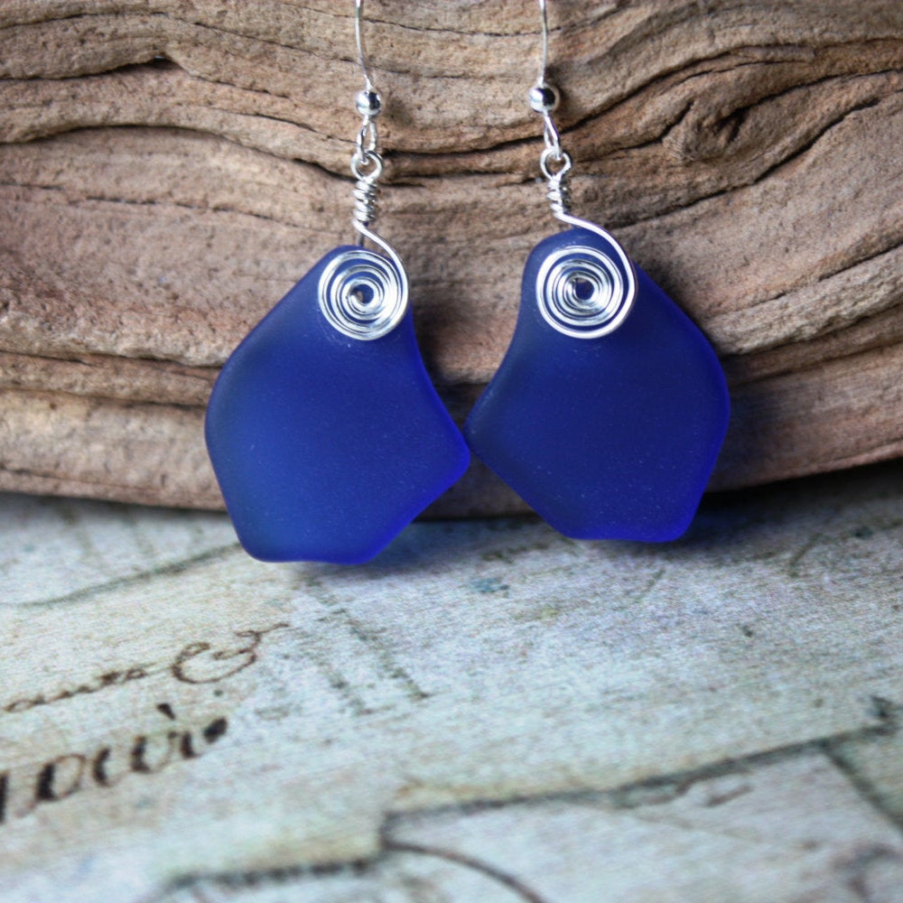 Ocean-inspired cobalt blue earrings with silver detailing, handmade artisan jewelry