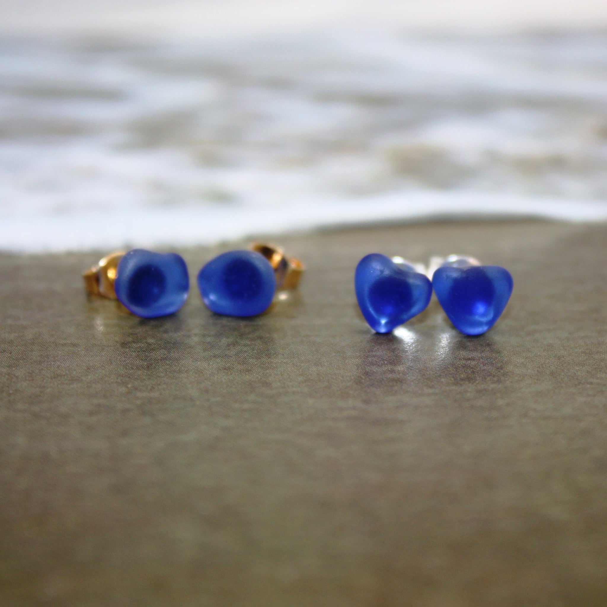 cobalt blue sea glass stud earrings simple beach jewelry for everyday wear