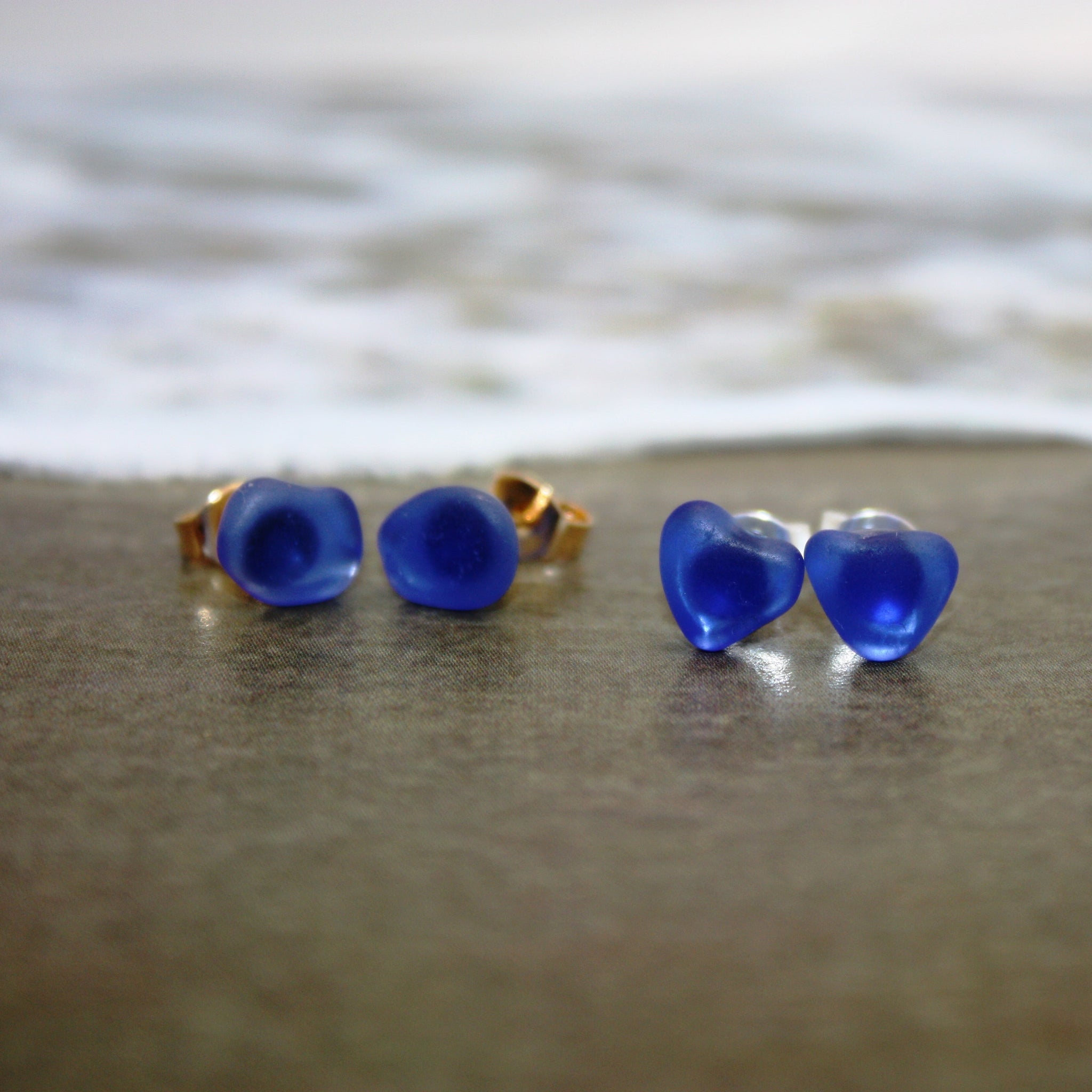 cobalt sea glass earrings natural organic shape minimalist stud design
