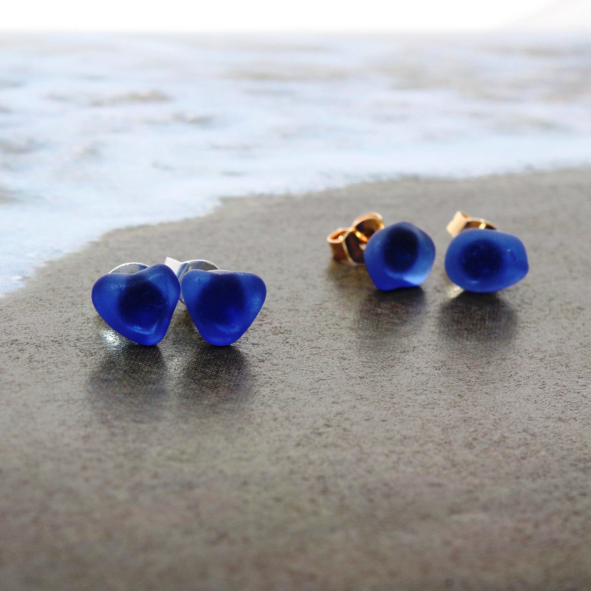 deep blue sea glass stud earrings small batch handmade maui jewelry