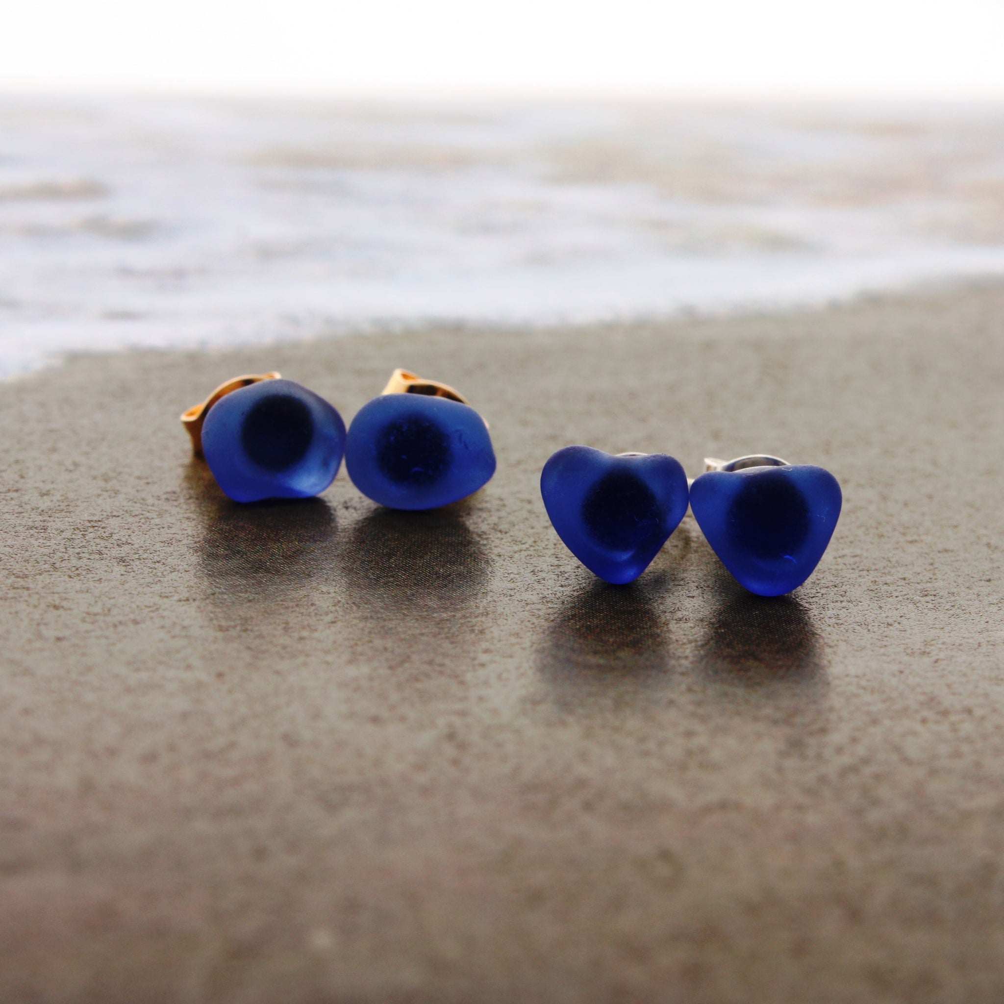 genuine cobalt blue sea glass stud earrings with gold posts minimalist beach jewelry