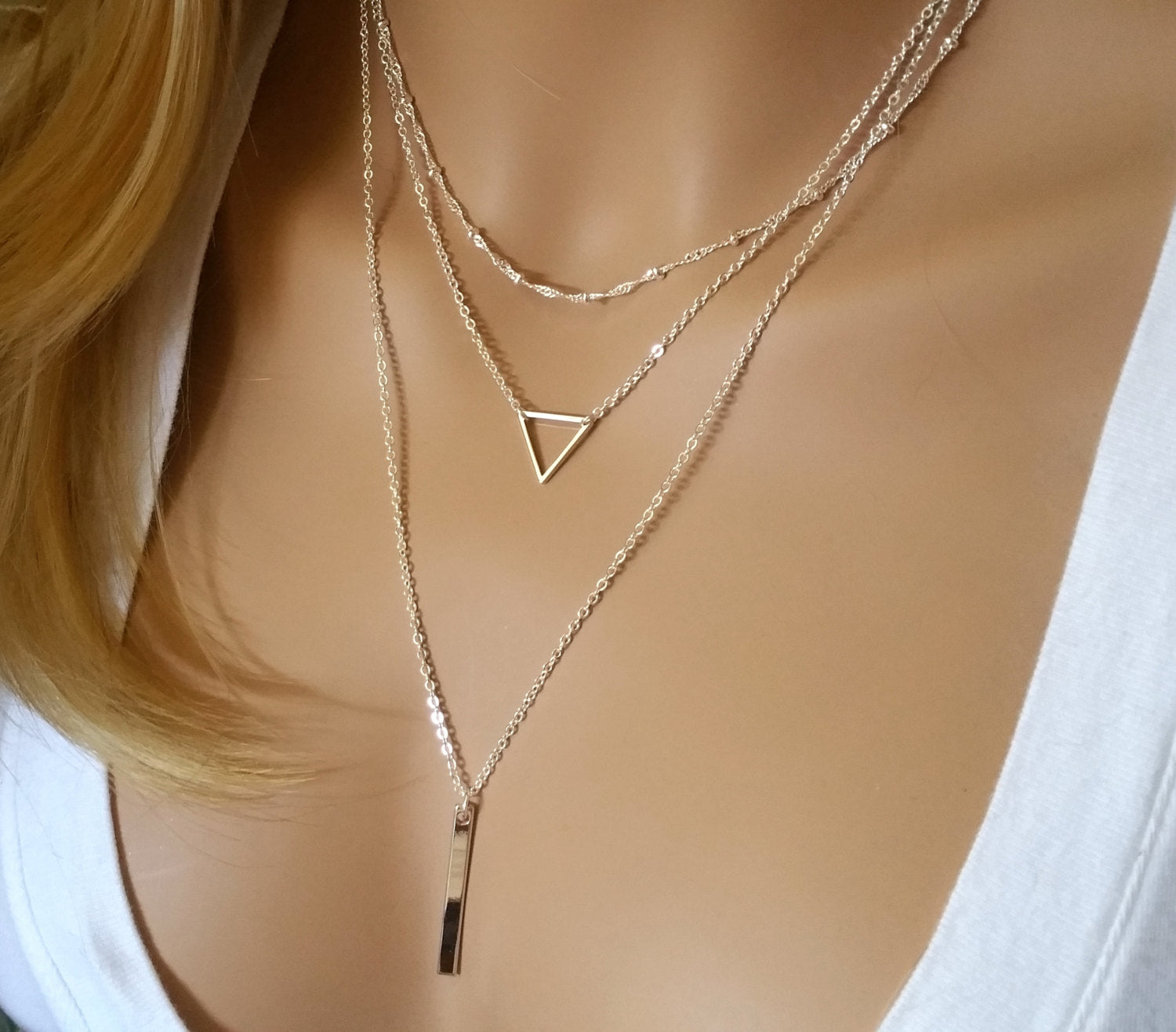 Triangle Layered Necklace Set of 3 • Silver - U'i Jewelry