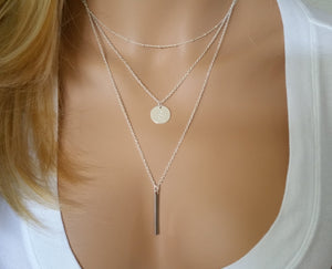 Personalized Disc Verticle Bar Layering Necklace Set of 3
