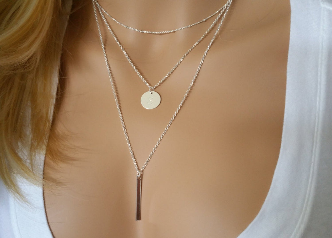 Personalized Disc Verticle Bar Layering Necklace Set of 3