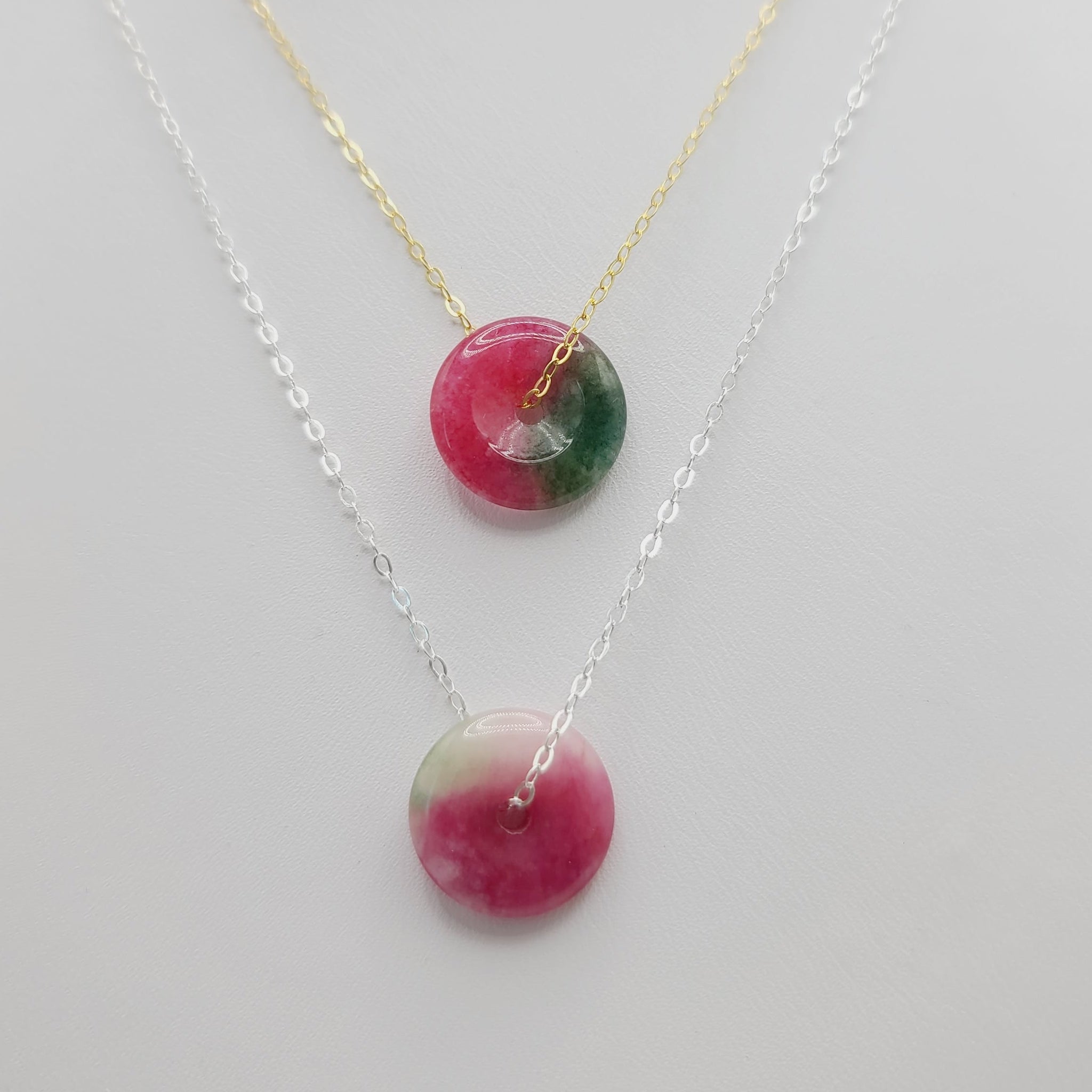 Dainty watermelon jade jewelry minimalist necklace in 14k gold filled boho chic style
