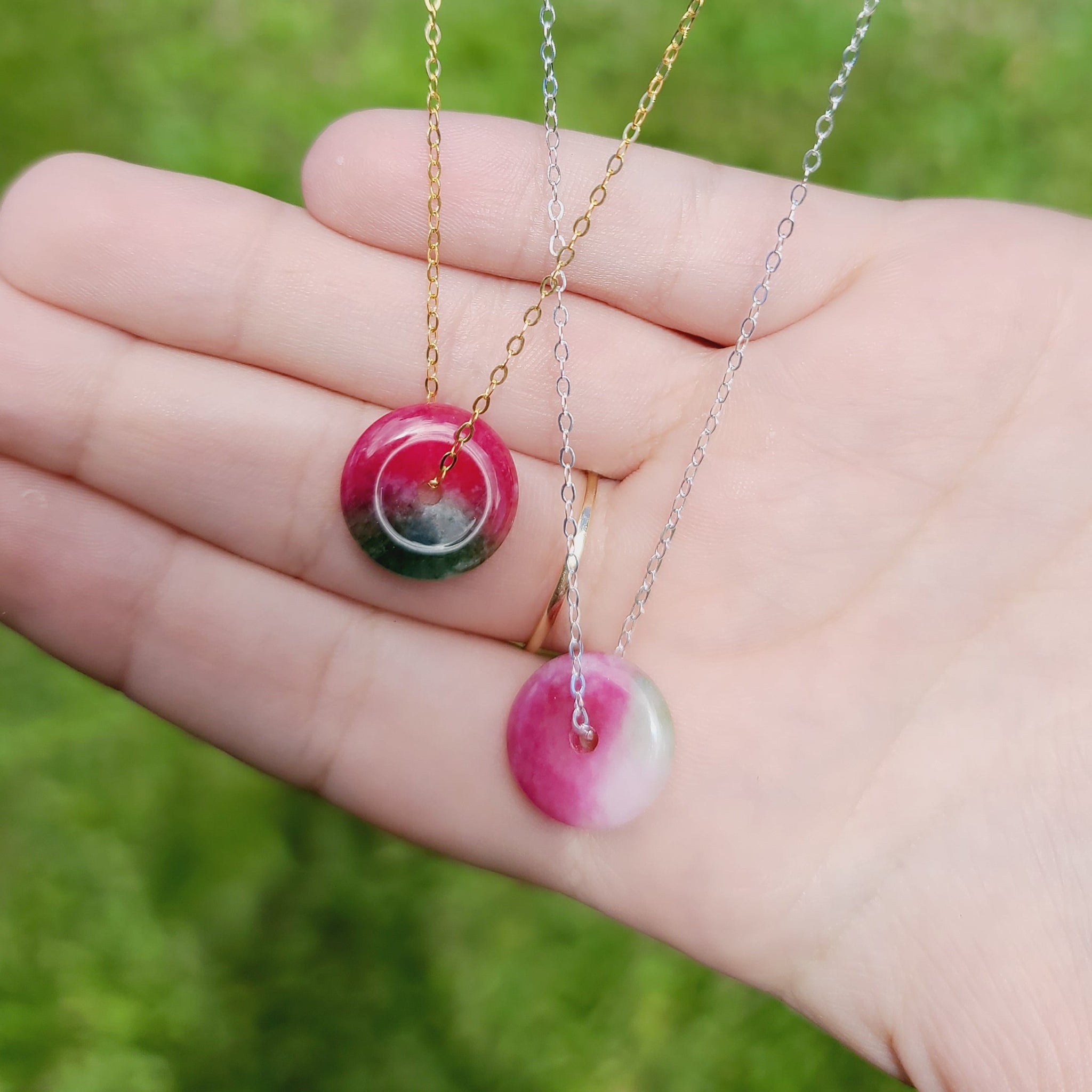 Boho chic watermelon jade necklace dainty gemstone jewelry in 14k gold filled
