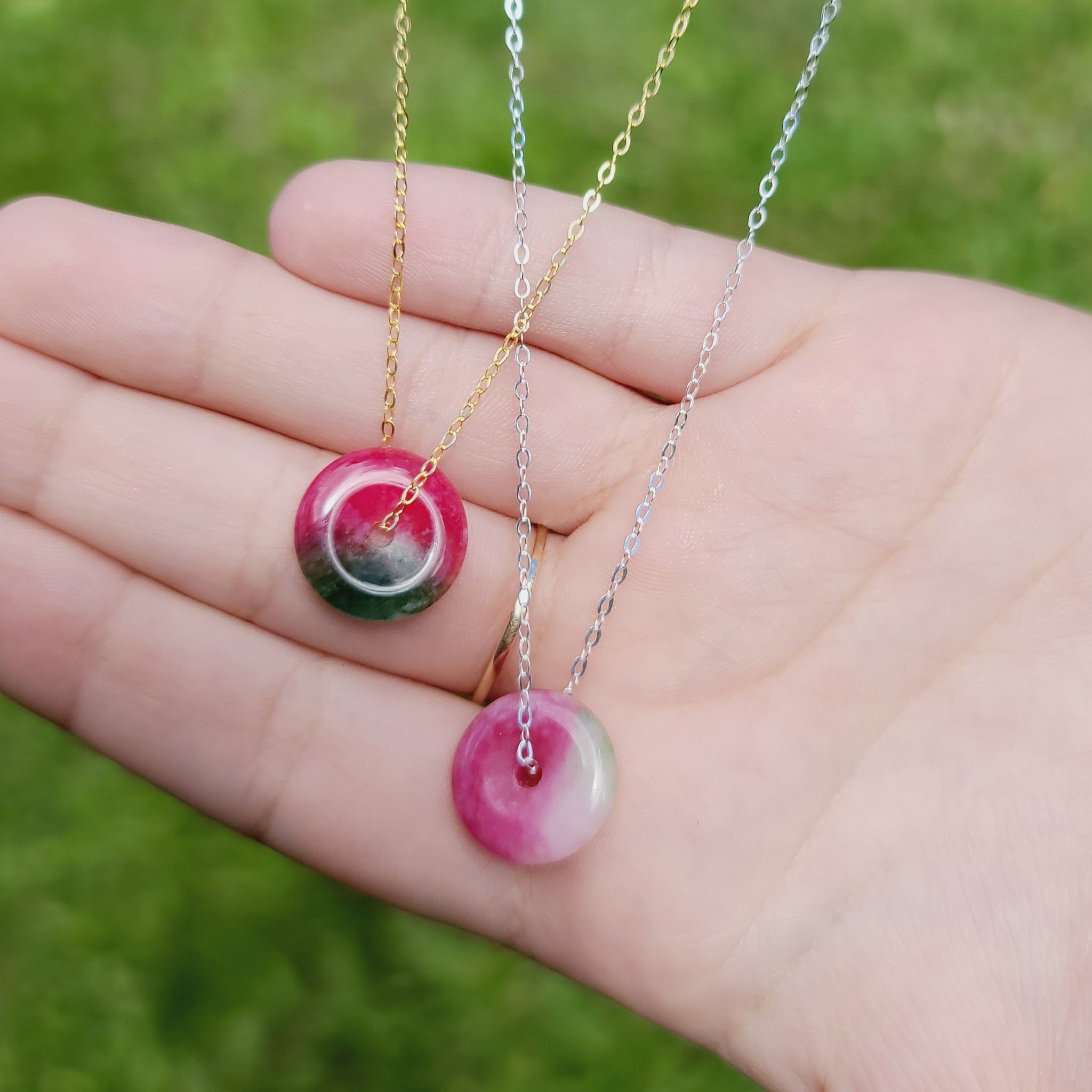 Minimalist watermelon jade necklace gold filled boho jewelry for everyday wear
