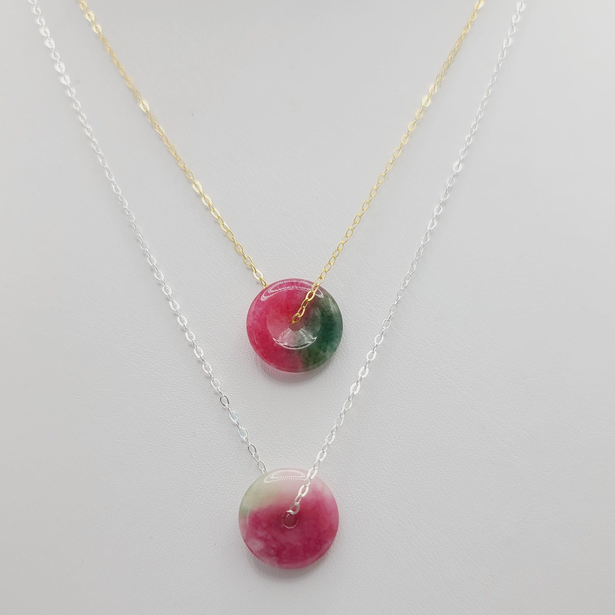 Simple watermelon jade pendant necklace in 14k gold filled delicate boho chic jewelry