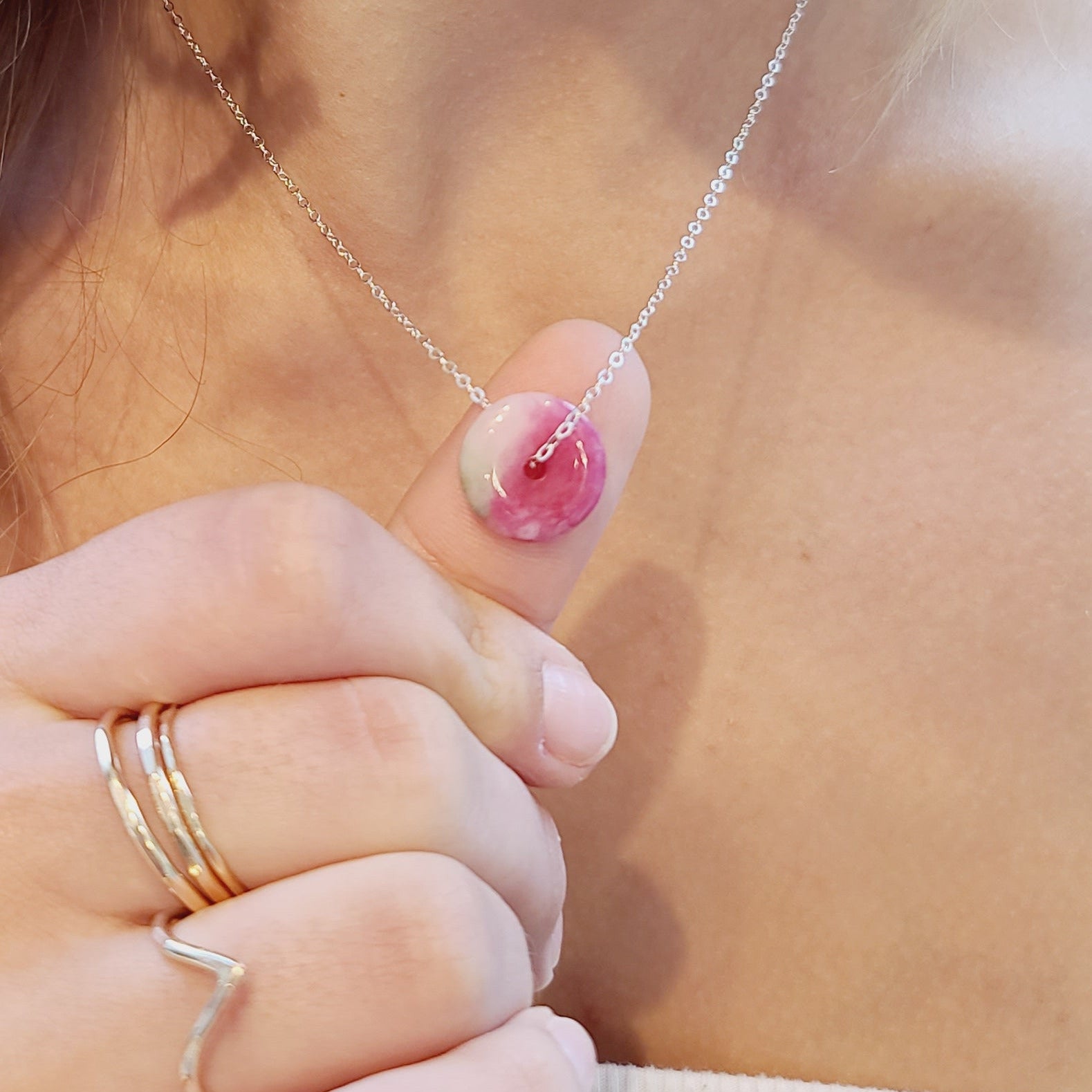 Watermelon jade layering necklace delicate sterling silver minimalist feminine jewelry
